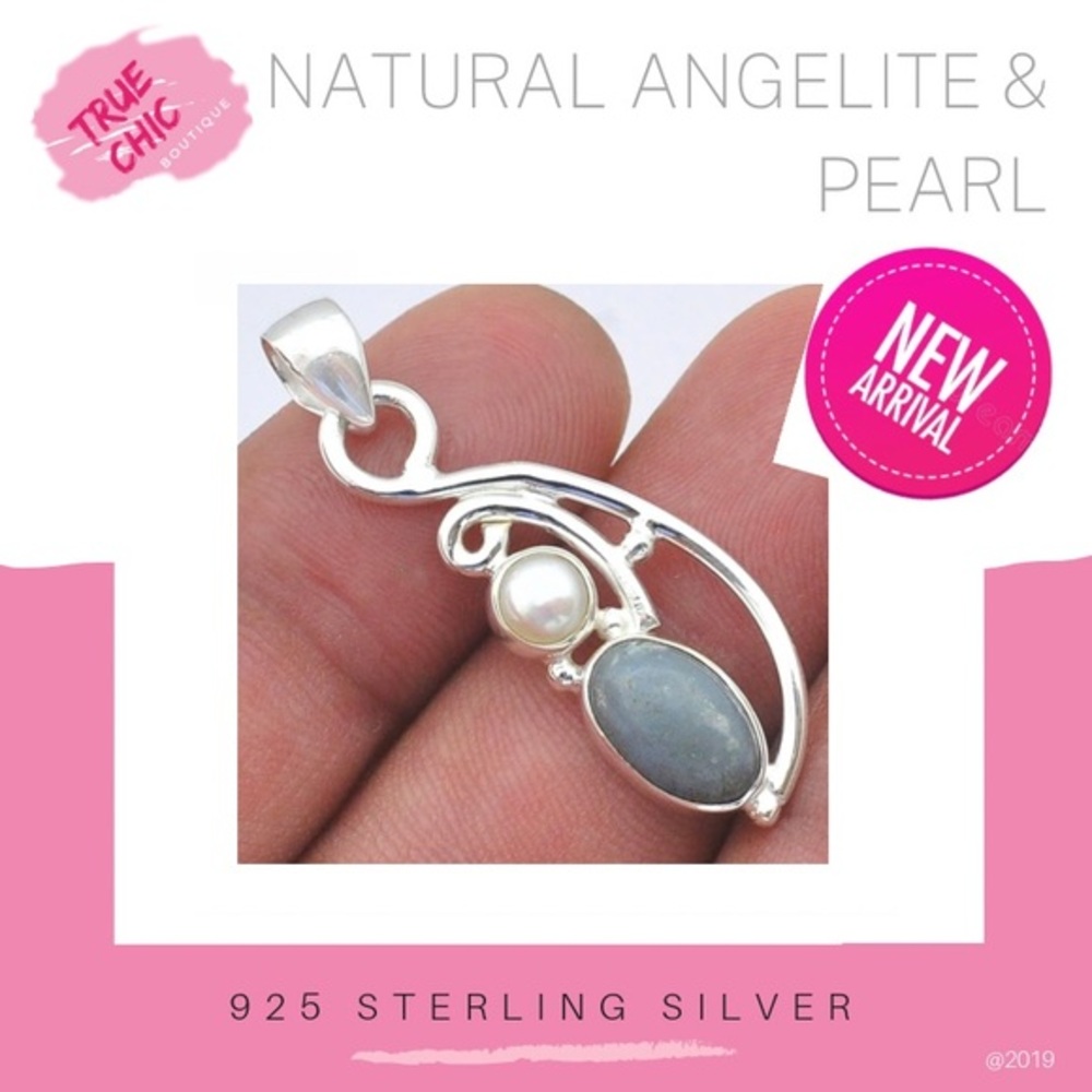 Natural Blue Angelite & Pearl Pendant